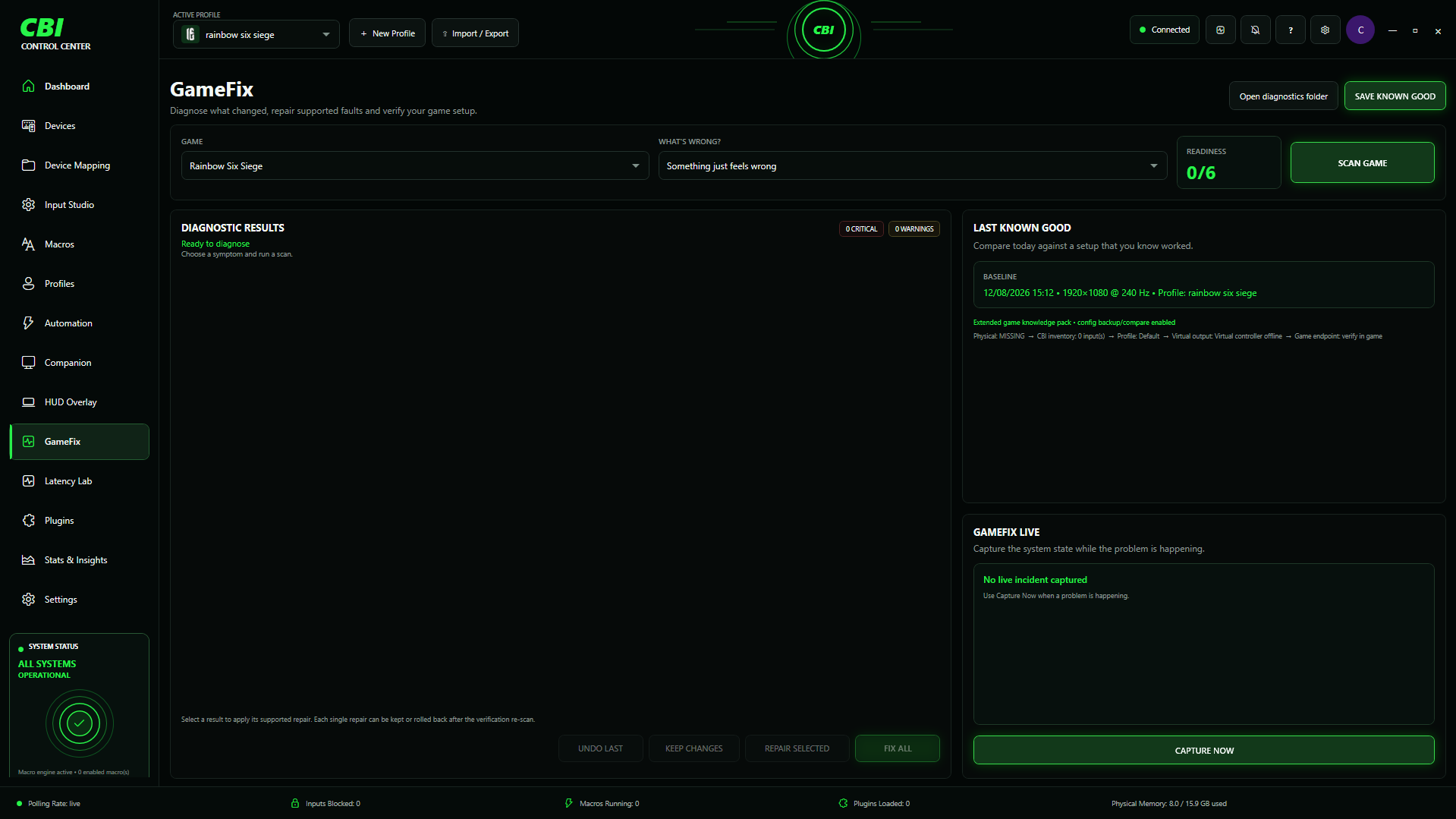 CBI GameFix interface